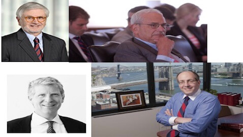 Clockwise from top left: Austin Campriello, Elkan Abramowitz, Andrew Frisch, and Manhattan District Attorney Cyrus R. Vance.
